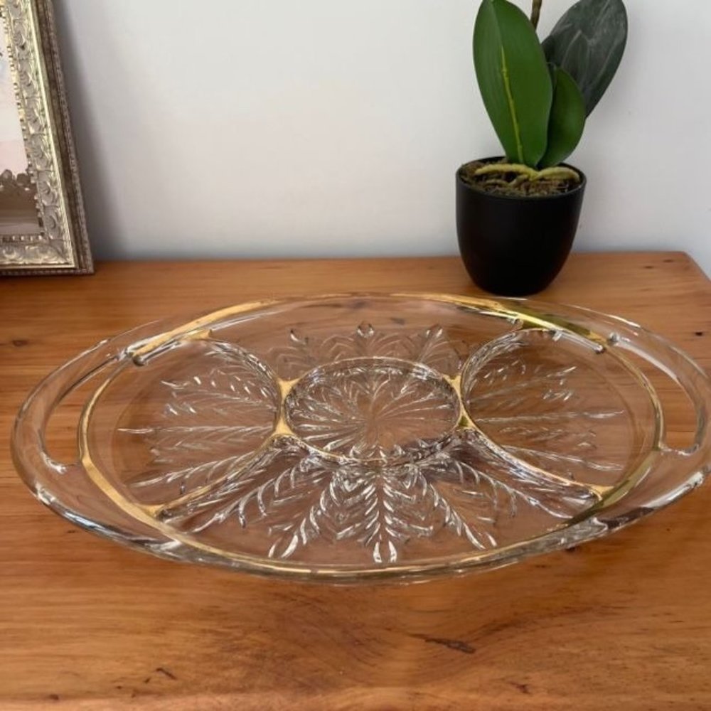 Vintage 1950's Jeannette Glass Sectioned Serving Tray Gold Trim Feather Pattern